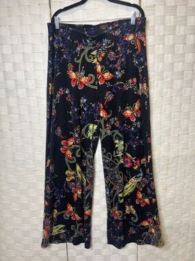 Johnny Was JW Los Angeles Butterfly Floral Boho Pants Black XL Pull-On Flare